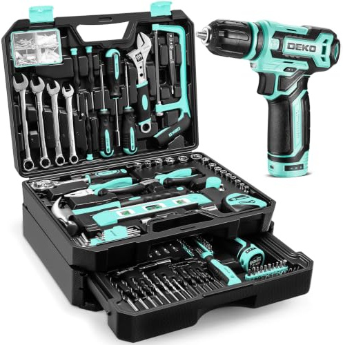 Tool Kit Box Drill Set: DEKO 238 Pieces Home Mechanic Toolbox with 12V Power Cordless Drill Hand Repair Tools Sets Combo Kits Storage Organizer Drawer Case (Sky Blue)