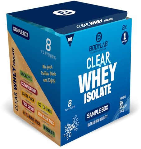 Bodylab24 Clear Whey Isolate Probierbox (8 Proben je 30g), Eiweiß-Shake aus bis zu 96% hochwertigem Molkenprotein-Isolat, erfrischend fruchtiger Drink
