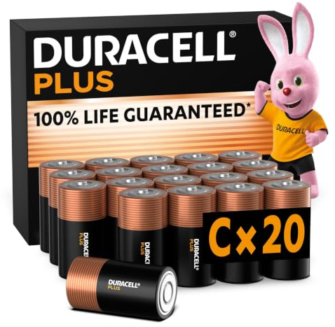 DURACELL Plus C Alkaline Batteries (20 Pack) 1.5V, LR14 | 100% Life Guaranteed - For Everyday devices - Toys, Torches, Radio - 0% Plastic Packaging - 10-Year Storage