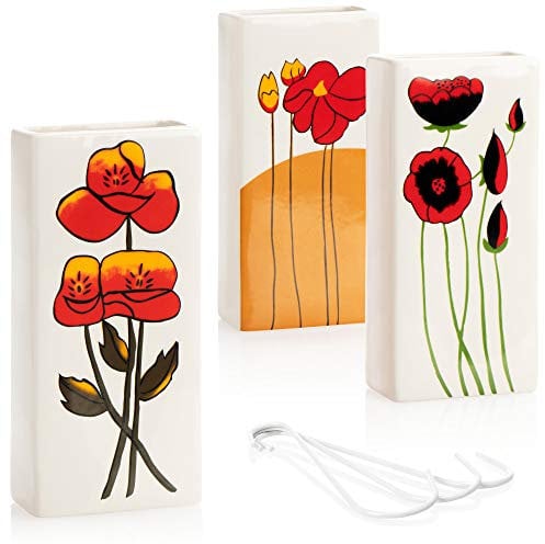 com-four® 3x Humidifiers - Cool air humidifier in cream-white - Heater water evaporator - Air diffuser made of ceramic with different flower motifs (white-red poppies)