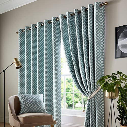 Alan Symonds Cotswold Fully Lined Jacquard Eyelet Ring Top Curtains - Pair (Teal, 66 x 72 (167x183cm))