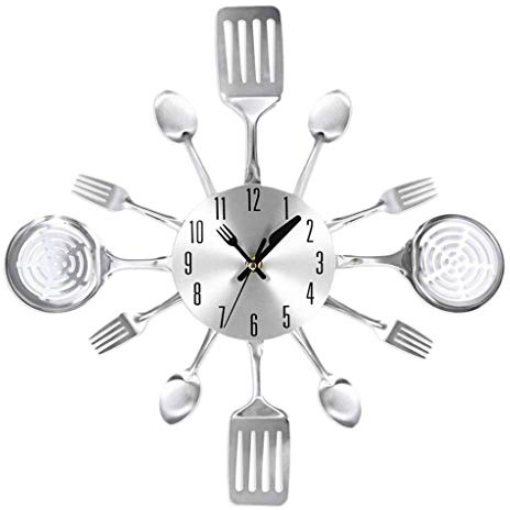 Fenteer Küchenuhr Besteck Uhr Wanduhr Besteckuhr Küche Dekoration, Silber