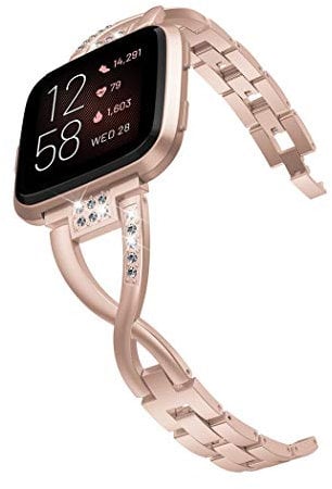 Wearlizer Strap for Fitbit Versa - Metal Rhinestone Band, No Tool Needed (Versa 2 Copper Rose)