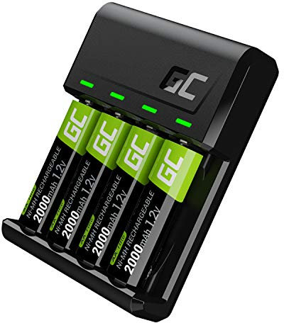 Green Cell VitalCharger Batterieladegerät Ladegerät + 4X AA 2000mAh für NI-MH AA AAA R6 R03 Mignon Akku. Mit Micro USB USB-C. 4-Kanal-Ladesystem - lädt ab 1 bis 4 AA oder AAA, LED-Signalisierung