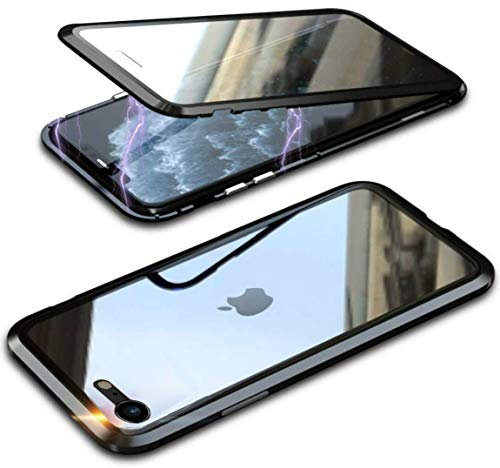 Hülle für iPhone SE 2022/iPhone SE 2020/iPhone 8 4.7'', Magnetische Handyhülle 360 Grad Full Body Vorne hinten Gehärtetes Glas Schutzhülle Einteiliges Ultra Dünn Flip Transparente Cover,Schwarz