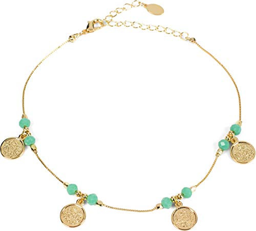 styleBREAKER Damen Fußkettchen mit Münz Anhängern und Perlen, Gliederkette, Karabiner Verschluss, Kette, Schmuck 05080013, Farbe:Gold-Türkis