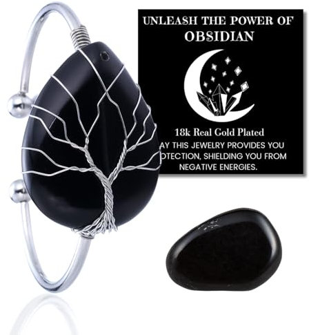 HALUKAKAH Bracciale in Cristallo di Pietra Naturale - LUNA AMORE - Filo Avvolgente Albero della Vita Placcato in Platino Fatto a Mano,Ciondolo in Forma di Gocce D'acqua in Ossidiana Misura Regolabile