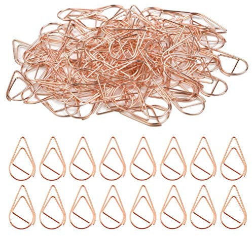 Juliyeh 100Pcs Paper Clips, Rose Golden Paperclips, Small Metal Paper Clip, Water Drop Paper Clips, Waterdrop Shaped Paperclips for Book, Memo, Paper, Poster, Photo, 25x15 mm