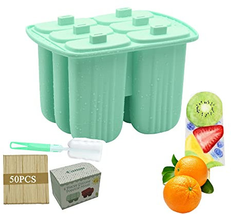 Large Ice Lolly Moulds with Sticks, 6 Pieces Silicone Popsicle Molds, Homemade DIY Ice Pop Maker Reusable Easy Remove Lolly Moulds for Kids Frozen Popsicle(Green)