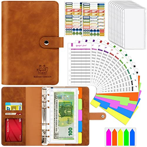 Aocii Budget Planner, Budget Binder A6, Geld Organizer, Bugetplaner mit Folien, Finanzplaner, Haushaltsbuch mit Geldfächer Umschlagmethode, Cash Stuffing Set mit Ringbuch A6 (Braun)
