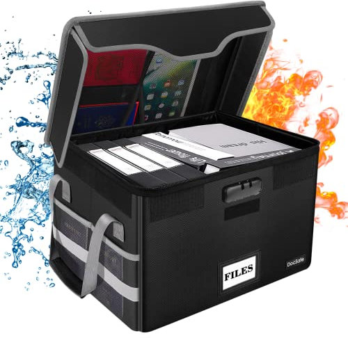 Fireproof Document Box File Storage Box Document Organiser with Lid Collapsible Filing Cabinet Box with Lock for Home Office Keeping Important Working paper Certificate Contracts Bills Souvenirs Books