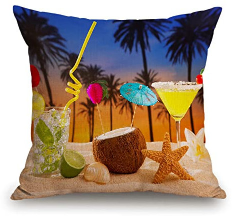 Dekorativer Kissenbezug für Strand, Cocktail, Sonnenuntergang auf Palme, Sand, Mojito Margarita, Kokosnuss, Baumwollleinen, Dekokissen, Heimdekoration, Sofa, dekoratives Kissen, 45,7 x 45,7 cm