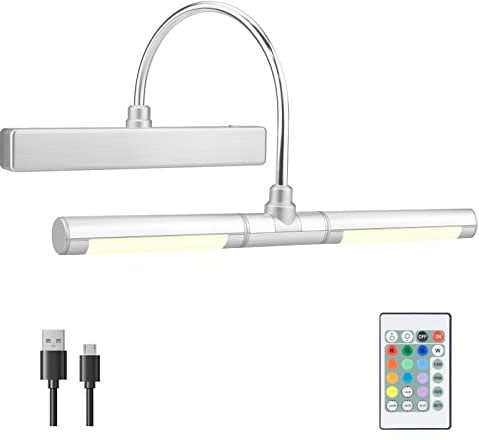 BIGMONAT Bilderleuchte Batteriebetriebene 28 LEDs Wandleuchte Wiederaufladbar mit Fernbedienung,13 Zoll Drehbare Leuchtenköpfe mit 12 Farbwechseln Dimmbares Licht anzeigen mit Timer für Malen,Silber