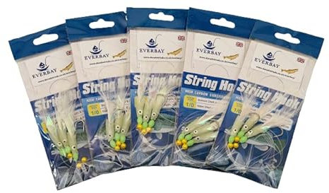 EVERBAY Fishing Sea Rigs 5packs Multi Hooks for Mackerel, Pollock, Bass, Cod, Feather Baits, Sea Lures Boat Fishing Tackle,Real Fish Skins,Hooks with Luminous Beads for Saltwater size 1/0#/3 hooks