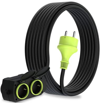 MutecPower 10m Rallonge avec 4 prises Schuko pour usage extérieur Câble étanche IP44 H05RR-F3G1,5 mm 4 prises contact de protection Prolongateur électrique pour l'extérieur 4 voies 10 mètres noir/vert