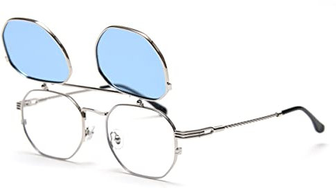 kachawoo Flip Up Sonnenbrille Männer Polarisierte Sonnenbrille Metall Mode Brillen Frauen Brillen Rahmen (silver with blue)