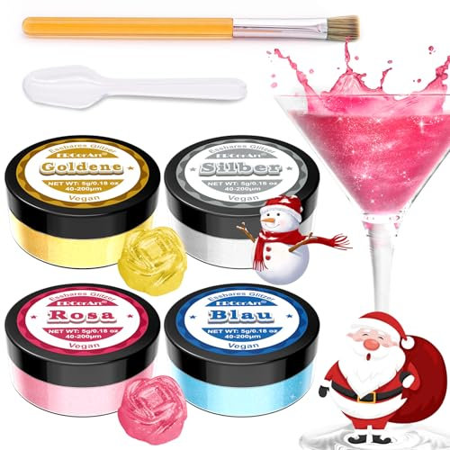 Essbarer Glitzer - 4 Farben Essbarer Glitzer für Getränke, Lebensmittelfarbe Pulver für Torten Zubehör, Buttercreme, Getränke, Cocktails, Fondant, Essbar, Geruchsneutral, Vegan, Glutenfrei - 5 g