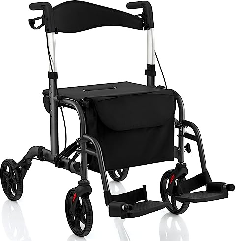 RELAX4LIFE Rollator Faltbar Leichtgewicht, 2 in 1 Rollstuhl Reiserollator, Gehwagen 6-fach Höhenverstellbar, Laufhilfe mit 2 Bremsen Stockhalter Tasche, Aluminiumlegierung bis 136 kg (Schwarz)