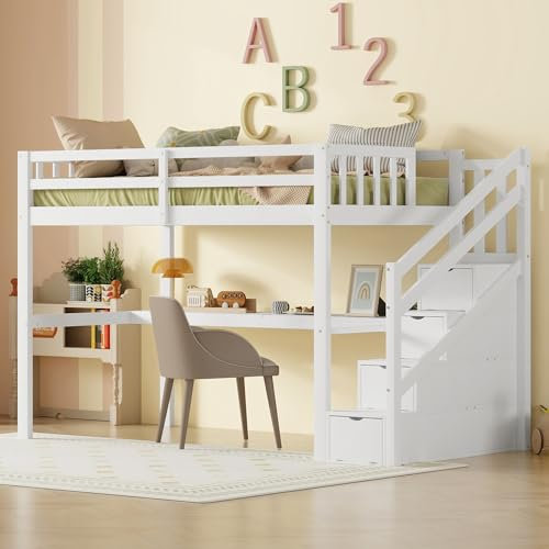 Merax Kinderhochbett 90 x 200cm Platzsparendes Kinderhochbett mit Stauraum und Schreibtisch in elegantem Weiß (ohne Matratze)