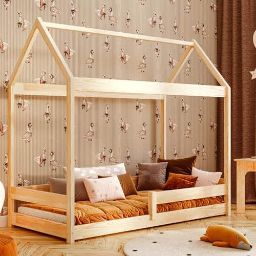 YOUKO Hausbett Kinder Ben 190x90 aus Kiefernholz - Kinder Bett Für einen Jungen und EIN Mädchen - Montessori Bett Schlichten Stil - Hausbett Varnish