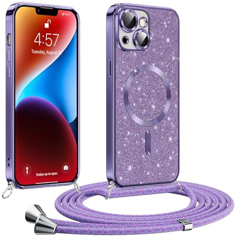 Phoona Glitter Funda para iPhone 14 6,1 con Cuerda, Ajustable Teléfono Cordón, Compatible con MagSafe, Anti-Caída, Carcasa Protectora Silicona AntiChoque, Púrpura