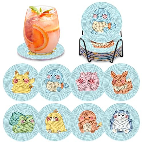 MOGTAA 8 Stück Cartoon Diamond Painting Untersetzer Mit Halter, Anime 5D Diamant Painting Untersetzer für Erwachsene Kinder, DIY Tier Diamant Art Untersetzer fur Tassen Küche Wohnzimmer Dekoratio
