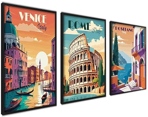 ag.art deco Vintage Poster 50x70 | 3x Bilder mit Rahmen Schwarz | Travel Poster Set für Wand Deko Wohnzimmer Schlafzimmer | Kunstdruck mit Italienische Städtebilder