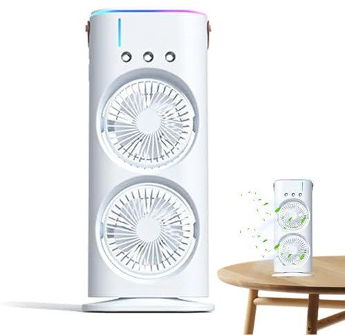 Ventilador de nebulización para exteriores, ventilador de niebla de doble extremo, enfriador de aire personal con luz LED, acondicionador portátil para dormitorio, hogar, viajes, habitación al aire