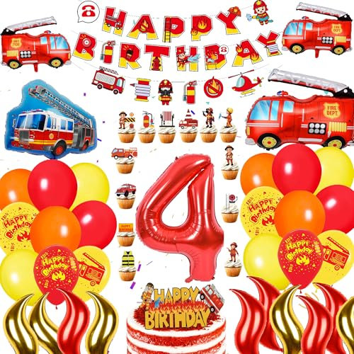Feuerwehr Deko Kindergeburtstag 4 Jahre - 70 Stück Feuerwehr Geburtstag Dekoration mit Feuerwehrauto Luftballons Happy Birthday Banner Kuchen Toppers Tortendeko, Feuerwehrmann Geburtstagsdeko Jungen