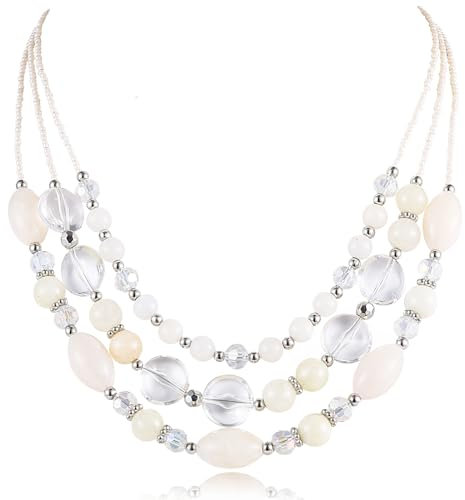 FULU AUTUMN Perlen Statement Kette Damen Silber Mehrreihig Perlenkette Chunky Bunt Modeschmuck Valentinstagsgeschenk für Sie(Beige)