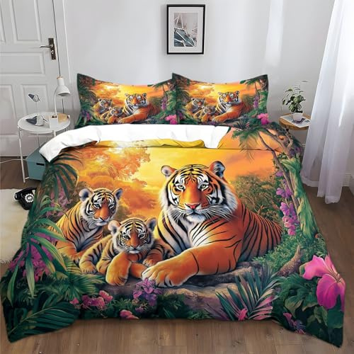 Generisch Bettwäsche 135x200cm Tier Tiger Dschungel Natur Bettbezug Set, Weich & Bügelfrei Bettwäsche-Sets für Kinder Junge Mädchen Zimmer Dekoration, mit 2 Kissenbezüge 80x80 cm