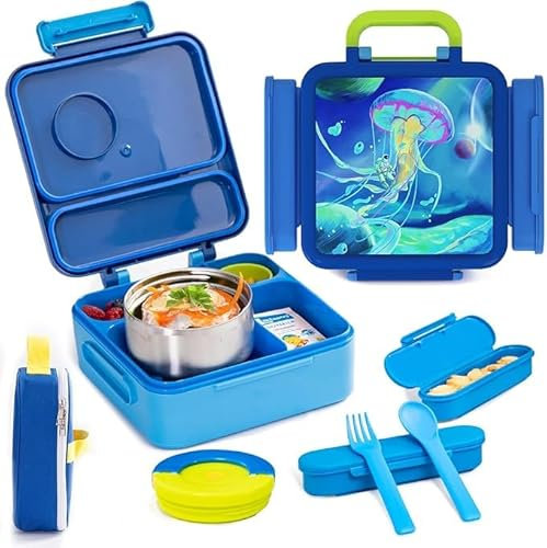 BRAVECOW Bento Box Insulated Lunch Box, Kids Children Lunch Insulation Sealed Leak-Proof Adjustable Compartments Lunch Container Cutlery Outdoor Picnic Snack Boxes School Daycare Food Thermos (Blue)