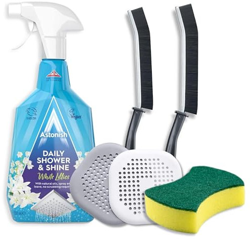 Astonish Daily Shower Shine Spray, Cleaning Sponge, 2 Crevice Brushes, and 2 Silicone Drain Protectors - Bathroom Cleaner Spray, Glass Cleaner, Bathroom Cleaning Tools and Hair Catchers