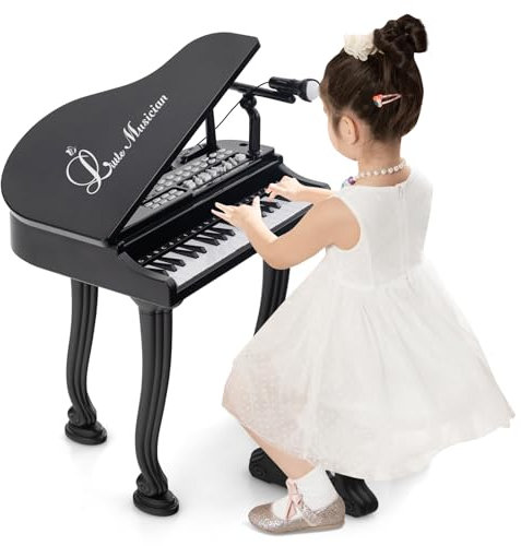 GYMAX Pianoforte Elettronico a 37 Tasti per Bambini, Tastiera Elettronica con Sgabello, Microfono e 3 Modalità di Apprendimento, Pianoforte Elettronico, Regalo Perfetto per Bambini Piccoli (Nero)