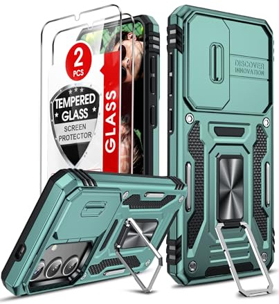 LeYi for Samsung Galaxy S25 Phone Case, with Camera Lens Cover Slider,Ring Stand Holder Military Grade Protective Shockproof Armour Cover for Samsung Galaxy S25, Light Green