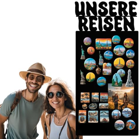 Anwicar Magnettafel Unsere Reisen - Vertikal 64x30 cm magnetische Pinnwand aus Stahl - ideal für Reise - Magnete und Erinnerungen - beschreibbare Magnettafel - inkl. Montageset - Schwarz