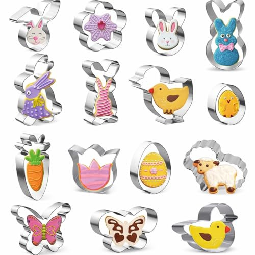 Selecto Bake Easter Cookie Cutters, 15pcs Assorted Cookie Cutter Set Stainless Steel, Sweet Biscuits Mould Rabbit, Carrot, Butterfly, Egg, Chick