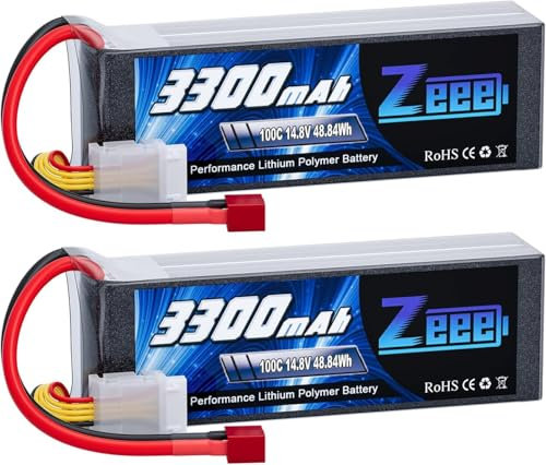 Zeee 4S Lipo 3300mAh 14,8V 100C Batterie RC en Softpack avec Prise en T pour Avion, hélicoptère, Bateau, Drone, FPV, Voiture, Camion et Bateau (2 pièces)
