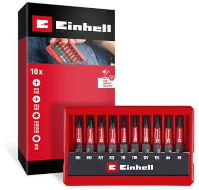 Original Einhell Impact-Bit-Set 10-tlg. (50-mm-Bits PH/PZ/T/H, S2-Stahl, E 6.3 Schaft, Taschenkassette mit Aufstellfunktion)