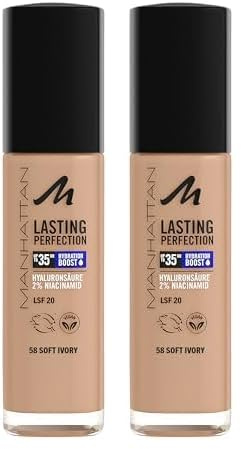 Manhattan Lasting Perfection 35 HR Make-up, ultra-langanhaltendes Flüssig-Make-up, Fb. 58, Soft Ivory (Packung mit 2)