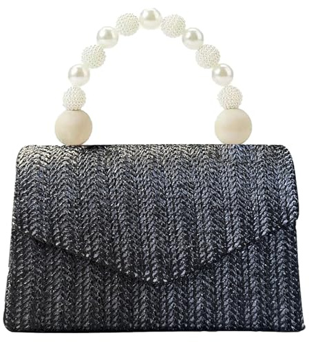 Elegant Straw Evening Bag Women Mini Pearl Top Handle Satchel Style Clutch Handbags Cross Body Chain Strap Tote Purse