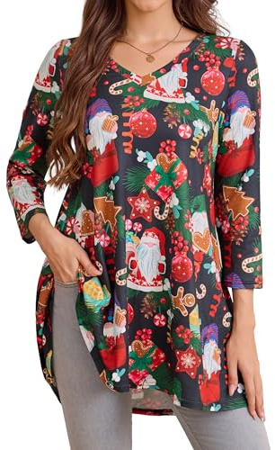 Enmain Tunique Noel Femme Grande Taille Manches Longues Chemisier Chic Et élégant Blouse 3/4 Manche Col en V Tunique Noël Ample Détente Confortable Top 3XL