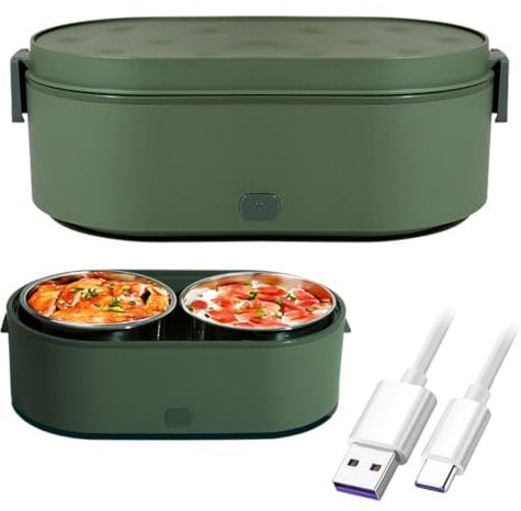 GIYDNEI Calentador De Alimentos Portátil De Caja De Almuerzo Eléctrica con 2 Contenedores De Acero Inoxidable 27 Onzas USB para Camión De Coche Viajes De Trabajo De Oficina,Verde