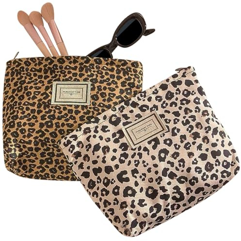 MLPKOI 2Pcs Trousse de Toilette Voyage, Léopard Trousse de Maquillage en Toile, Trousses de Maquillage, Cosmétiques à Glissière Portable, Sac de Organiseur Cosmétique Femme, Grande Sacs de Maquillagee