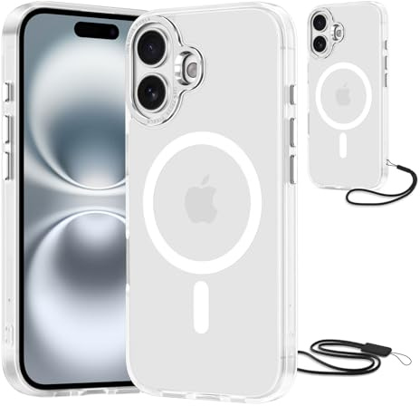 NEW'C Coque pour iPhone 16, Magnétique Compatible avec MagSafe Blanc | Coque + Cordon détachable, 6,1 pouces, Magnétique, Antichoc militaire, Aimants N56, Fin