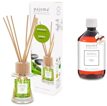 pajoma® Raumduft Bambus 100 ml + Nachfüller 500 ml | Komplett-Set mit Rattanstäbchen | Langanhaltender Diffuser, Premium Qualität
