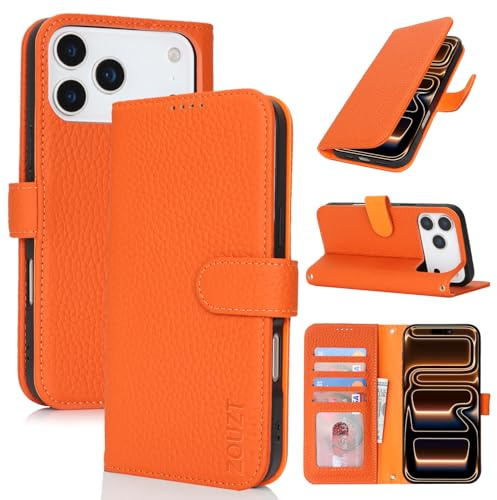 Zouzt Leather Wallet Case for iPhone 17 Pro Max (6.9), 4 Card Slot, Orange | Genuine Leather, Card Holder, Shockproof TPU Shell, Magnetic Closure, Protective Flip Folio Phone Cover, For Women Men