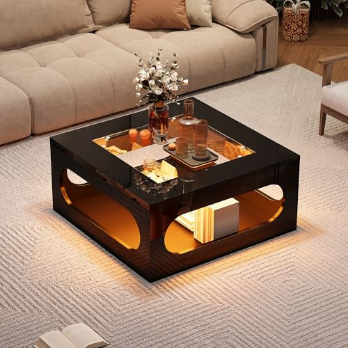 OKMYHOME Mesa baja LED cuadrada – Bandeja de cristal templado e iluminación LED controlable – Estructura de MDF efecto brillante, color negro – 70 x 70 x 35 cm