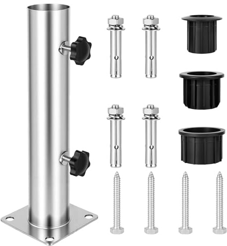 Zllzpzd Sonnenschirmständer Boden Standrohre Silber Stabiler Halter | Sonnenschirm Rohr Ersatzteile mit 3 PVC Reduzierringen (32/38/48mm) & 8 Stahlnägeln für Terrasse,Garten ,Balkon, Poolrand