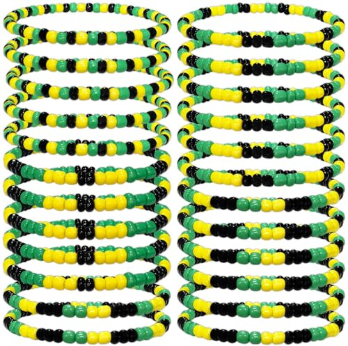 Jamaica Flag Colors Beaded Bracelets Party Favors, Set of 24 Counts | Jamaica Independence Day Handmade Bracelets Supplies Favors, Jamaican Patriotic Event Birthday Gift Goodie Bag Fillers Stuff